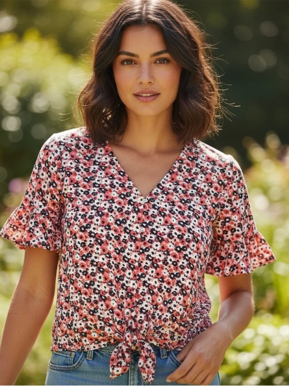 Michael Kors Floral Tie-Front V-Neck Ruffle SS Pink & Blue Blouse Top